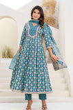 Teal Green Festive Anarkali Suit Set with Trousers and Dupatta