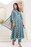 Teal Green Festive Anarkali Suit Set with Trousers and Dupatta