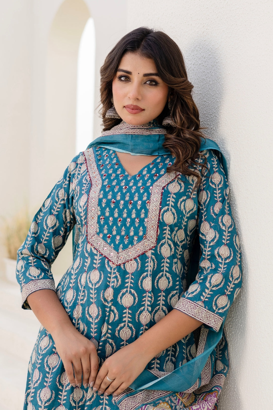 Teal Green Festive Anarkali Suit Set with Trousers and Dupatta