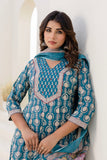 Teal Green Festive Anarkali Suit Set with Trousers and Dupatta