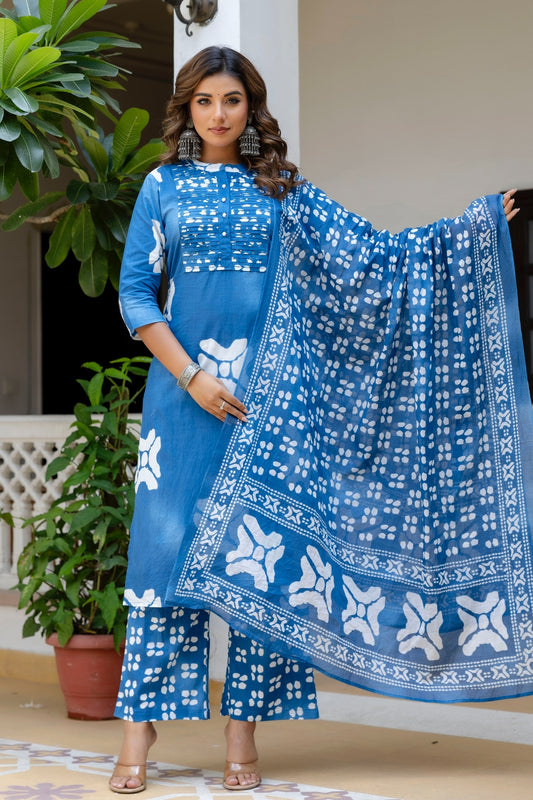 Blue Festive Yoke Design Kurta Set with Palazzo and Dupatta