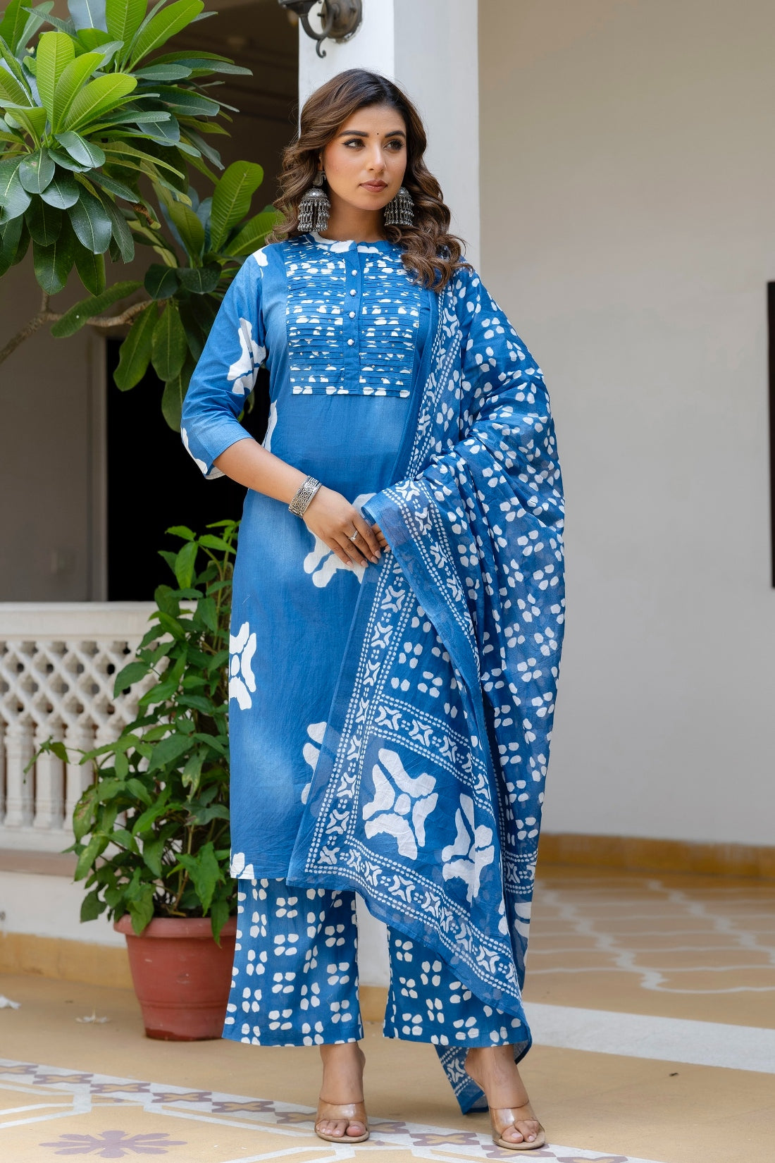 Blue Festive Yoke Design Kurta Set with Palazzo and Dupatta
