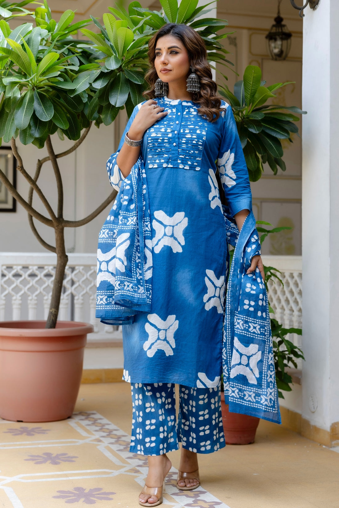 Blue Festive Yoke Design Kurta Set with Palazzo and Dupatta