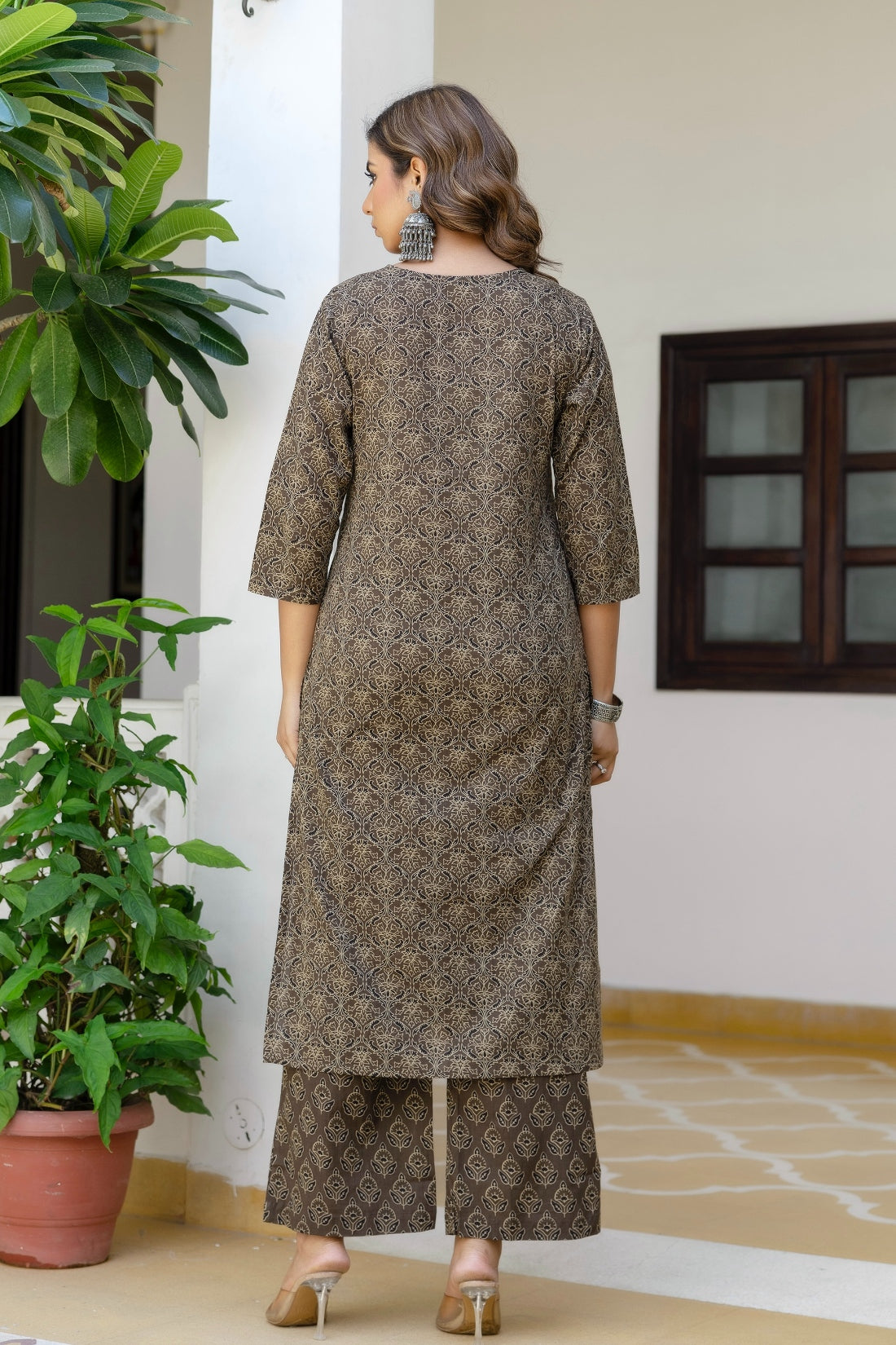 Brown Ajrakh Print Sequins Work Kurta Set with Palazzo Pants and Dupatta