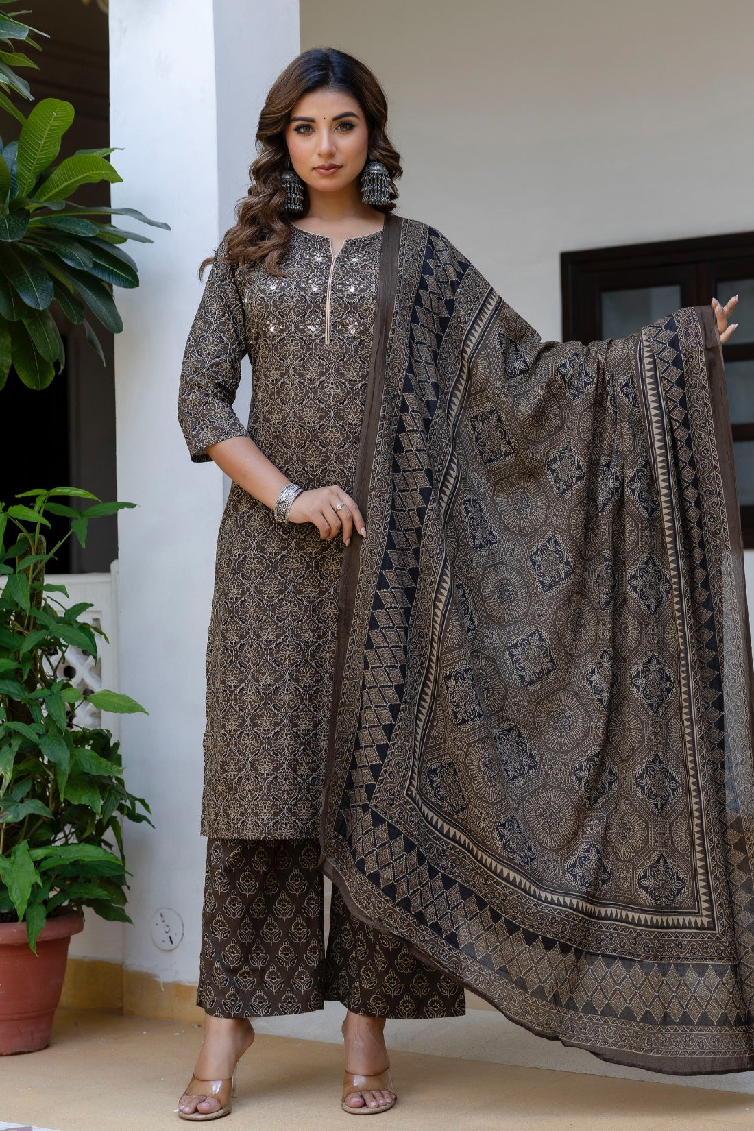 Brown Ajrakh Print Sequins Work Kurta Set with Palazzo Pants and Dupatta