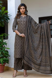 Brown Ajrakh Print Sequins Work Kurta Set with Palazzo Pants and Dupatta