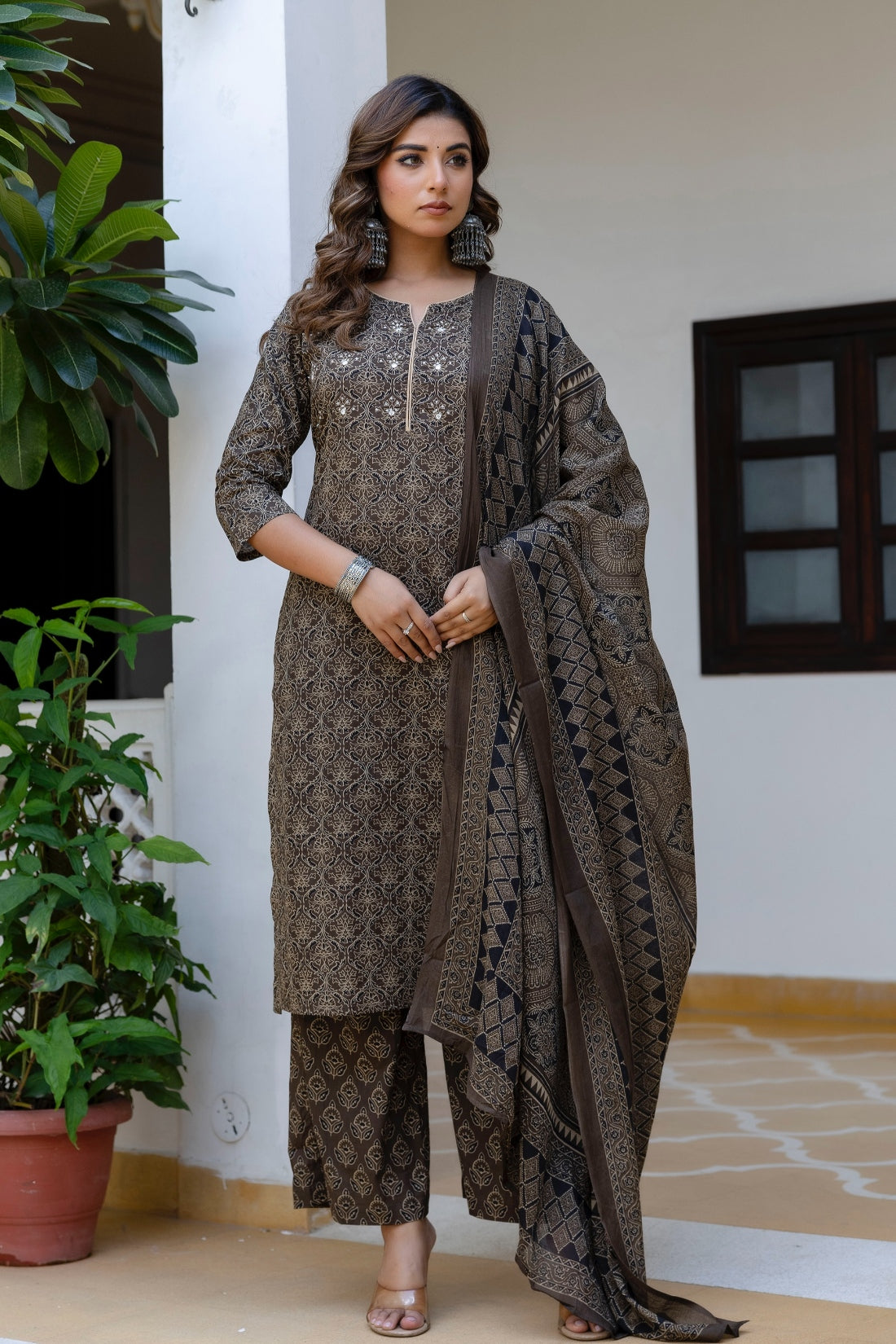 Brown Ajrakh Print Sequins Work Kurta Set with Palazzo Pants and Dupatta