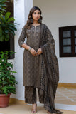 Brown Ajrakh Print Sequins Work Kurta Set with Palazzo Pants and Dupatta