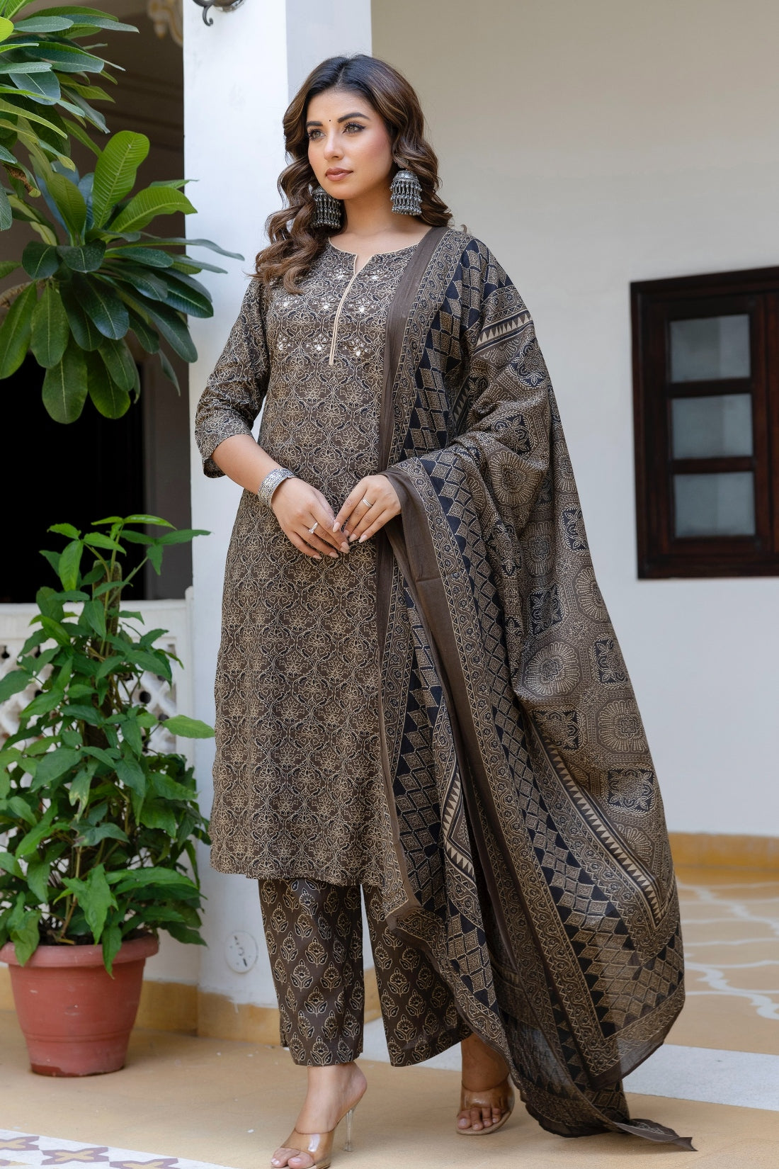 Brown Ajrakh Print Sequins Work Kurta Set with Palazzo Pants and Dupatta