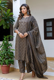 Brown Ajrakh Print Sequins Work Kurta Set with Palazzo Pants and Dupatta