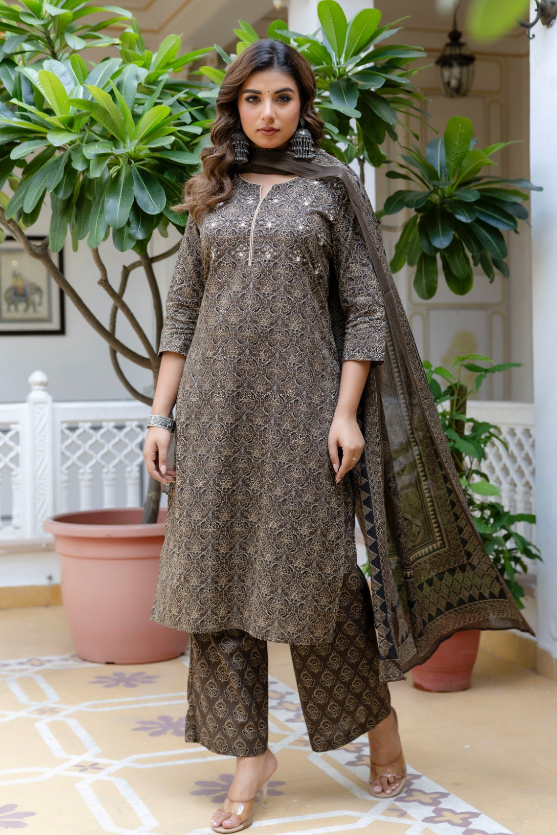 Brown Ajrakh Print Sequins Work Kurta Set with Palazzo Pants and Dupatta