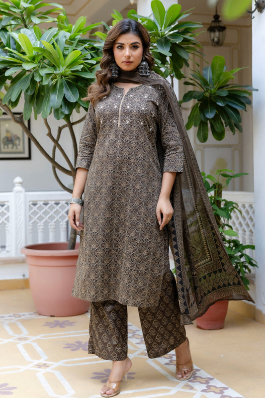 Brown Ajrakh Print Sequins Work Kurta Set with Palazzo Pants and Dupatta