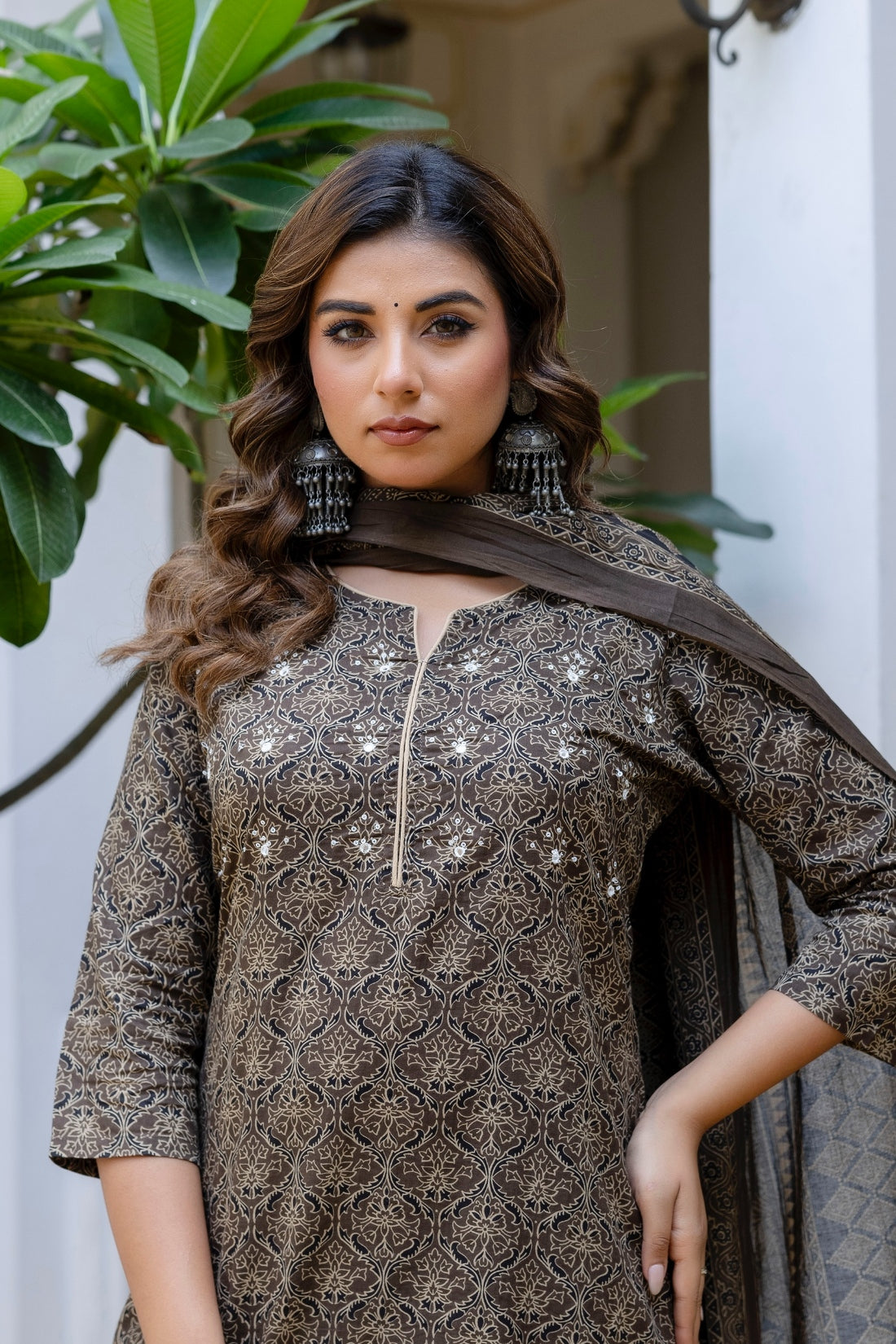 Brown Ajrakh Print Sequins Work Kurta Set with Palazzo Pants and Dupatta