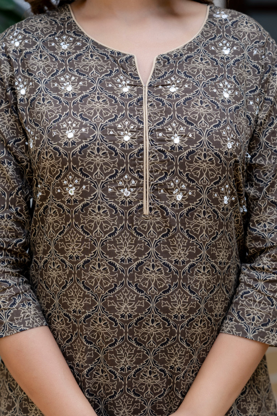 Brown Ajrakh Print Sequins Work Kurta Set with Palazzo Pants and Dupatta