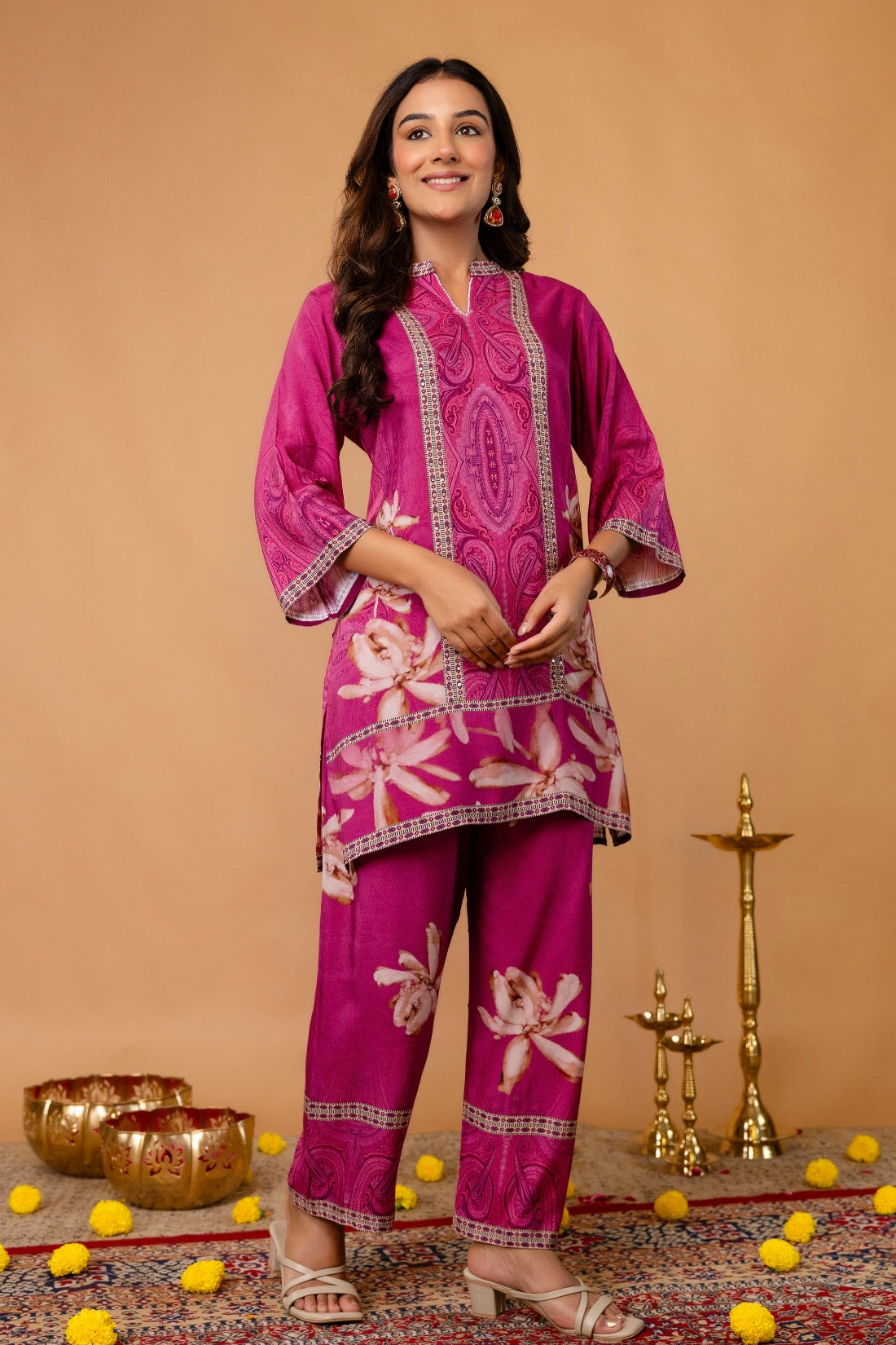Purple Mandarin Collar Sequins Highlight Viscose Kuri with Wide Leg Palazzos Coord Set