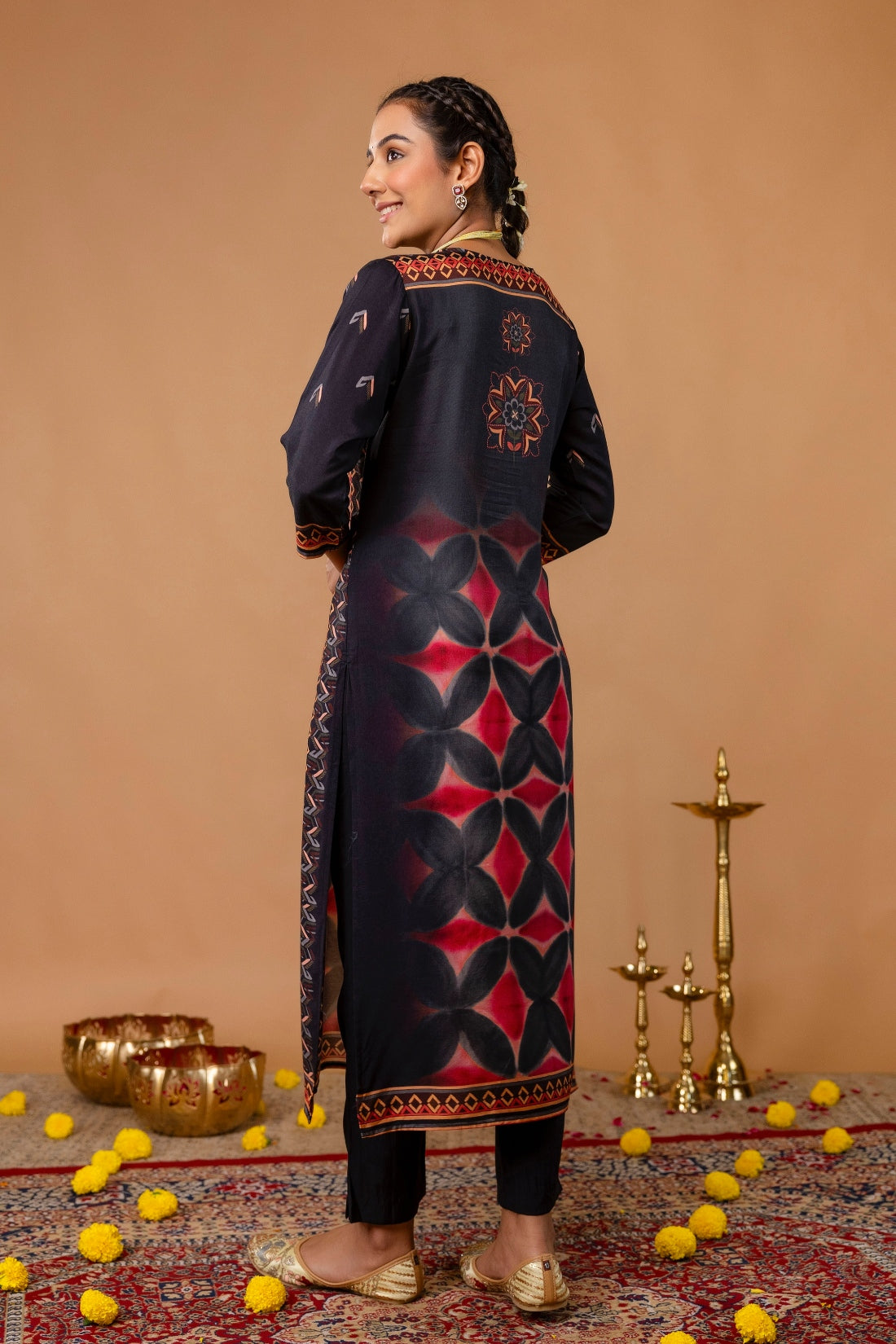 Black Festive Yoke Design Viscose Kurta Set with Trousers and Dupatta