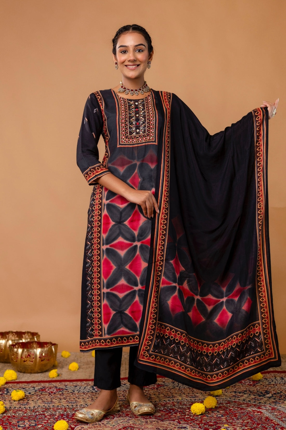 Black Festive Yoke Design Viscose Kurta Set with Trousers and Dupatta