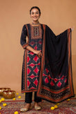 Black Festive Yoke Design Viscose Kurta Set with Trousers and Dupatta