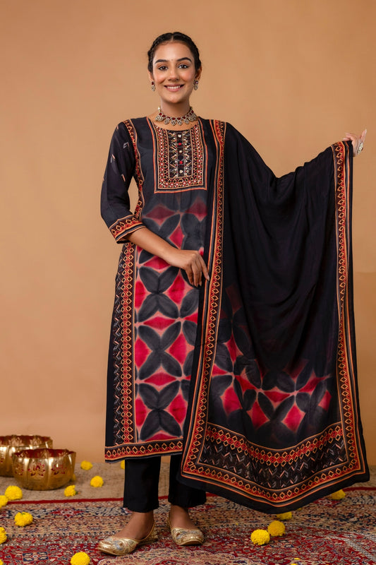 Black Festive Yoke Design Viscose Kurta Set with Trousers and Dupatta