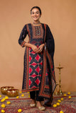 Black Festive Yoke Design Viscose Kurta Set with Trousers and Dupatta