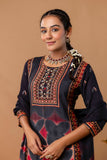 Black Festive Yoke Design Viscose Kurta Set with Trousers and Dupatta