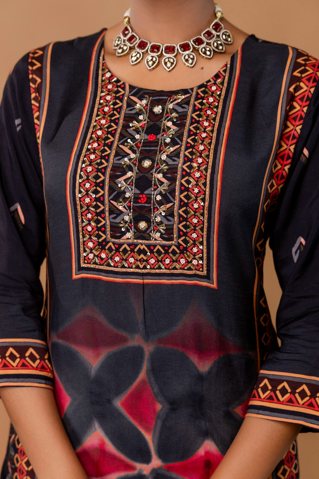 Black Festive Yoke Design Viscose Kurta Set with Trousers and Dupatta