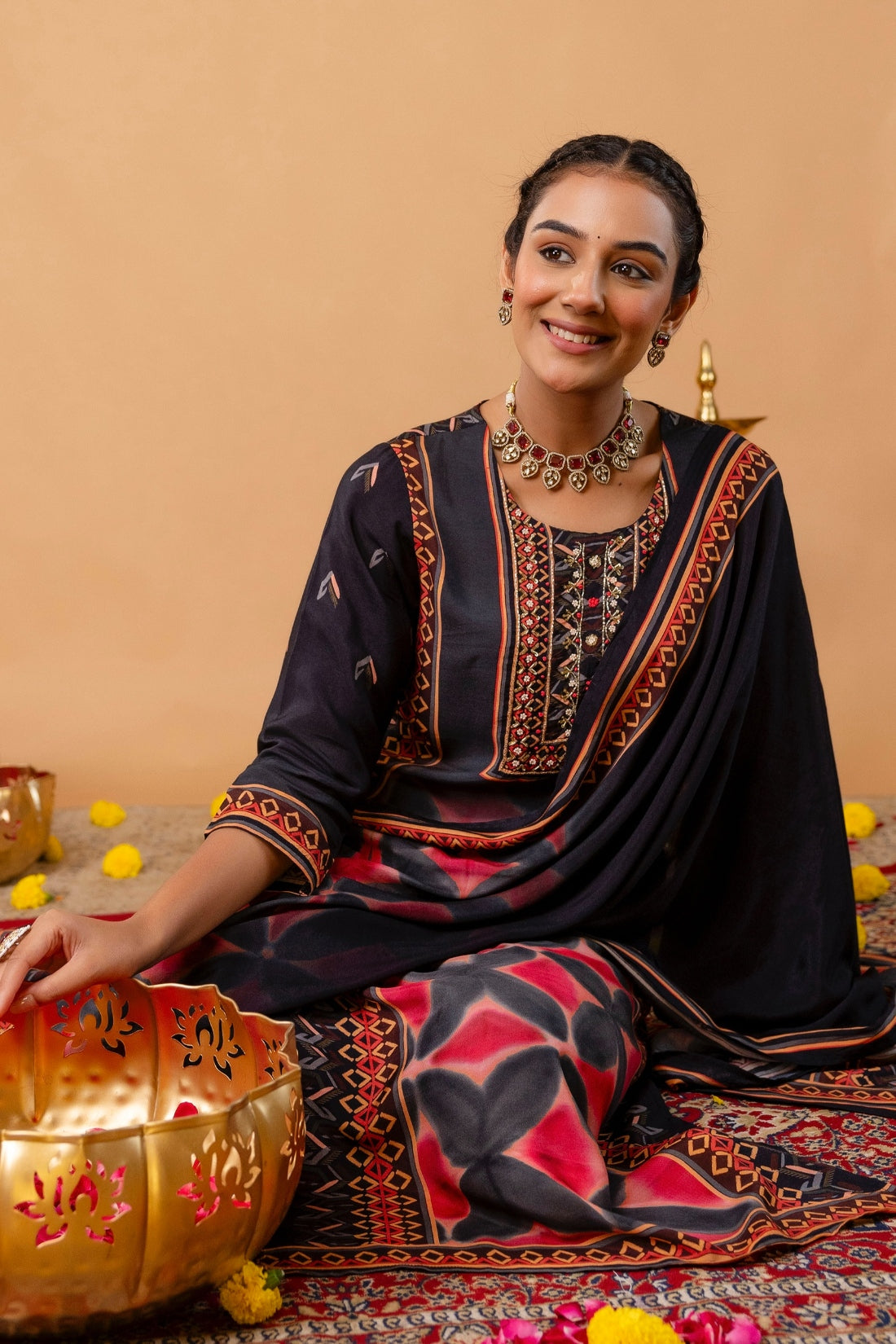 Black Festive Yoke Design Viscose Kurta Set with Trousers and Dupatta