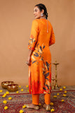 Orange Plackett Hand Embroidered Viscose Kurta Set with Trousers and Dupatta