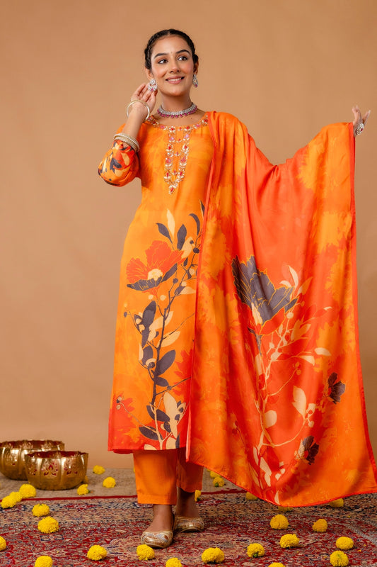 Orange Plackett Hand Embroidered Viscose Kurta Set with Trousers and Dupatta