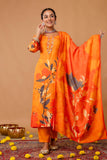 Orange Plackett Hand Embroidered Viscose Kurta Set with Trousers and Dupatta