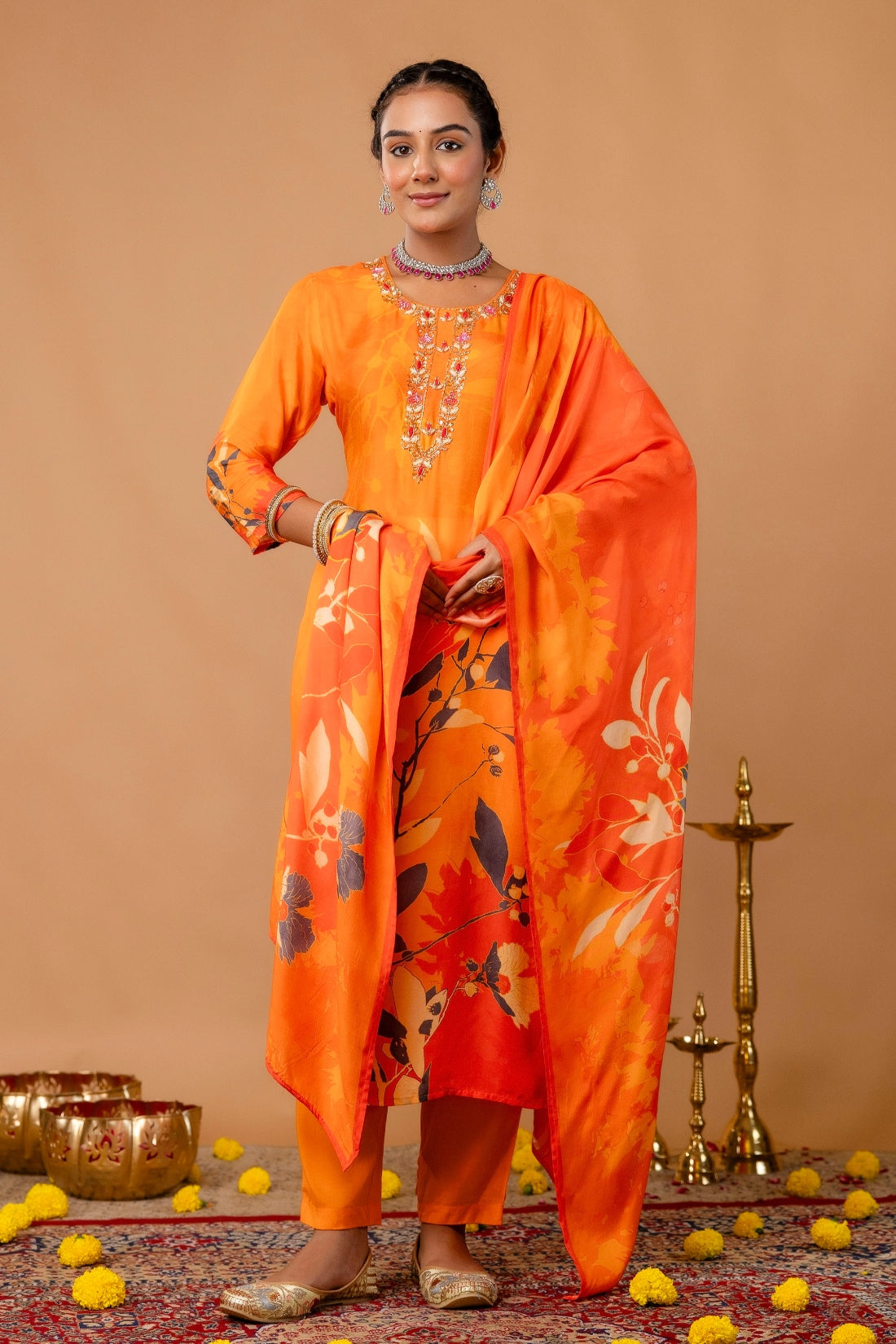 Orange Plackett Hand Embroidered Viscose Kurta Set with Trousers and Dupatta