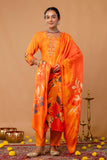 Orange Plackett Hand Embroidered Viscose Kurta Set with Trousers and Dupatta