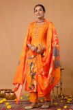 Orange Plackett Hand Embroidered Viscose Kurta Set with Trousers and Dupatta