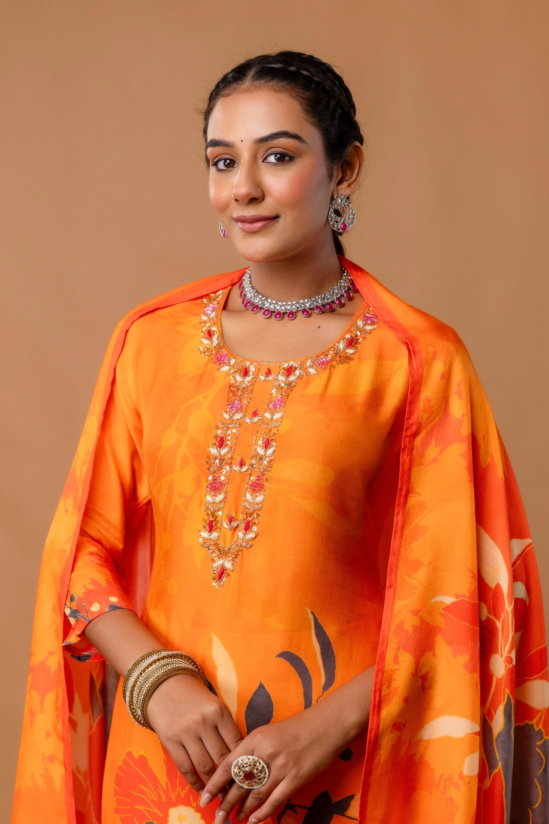 Orange Plackett Hand Embroidered Viscose Kurta Set with Trousers and Dupatta