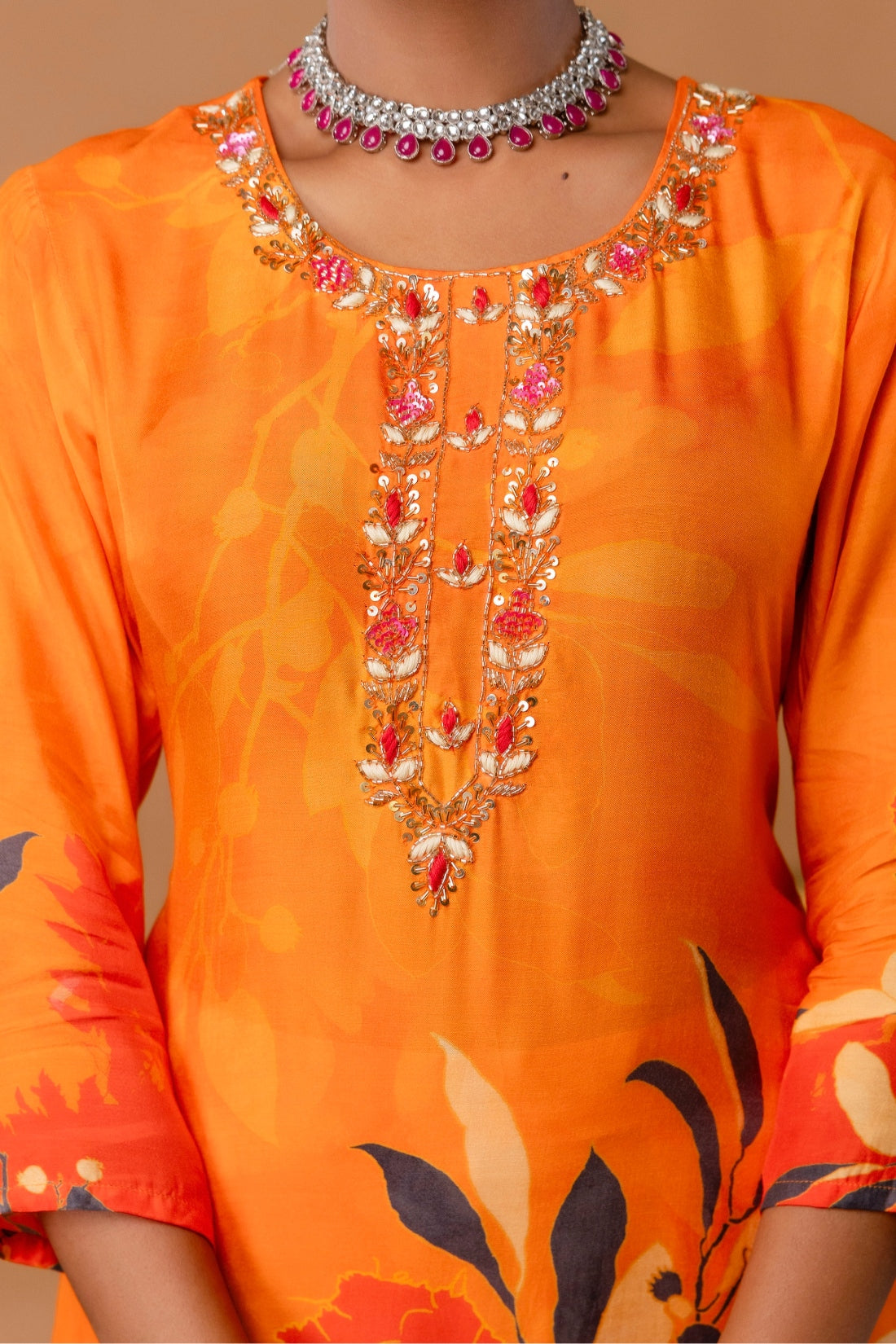 Orange Plackett Hand Embroidered Viscose Kurta Set with Trousers and Dupatta