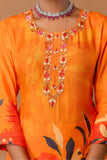 Orange Plackett Hand Embroidered Viscose Kurta Set with Trousers and Dupatta