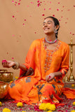 Orange Plackett Hand Embroidered Viscose Kurta Set with Trousers and Dupatta