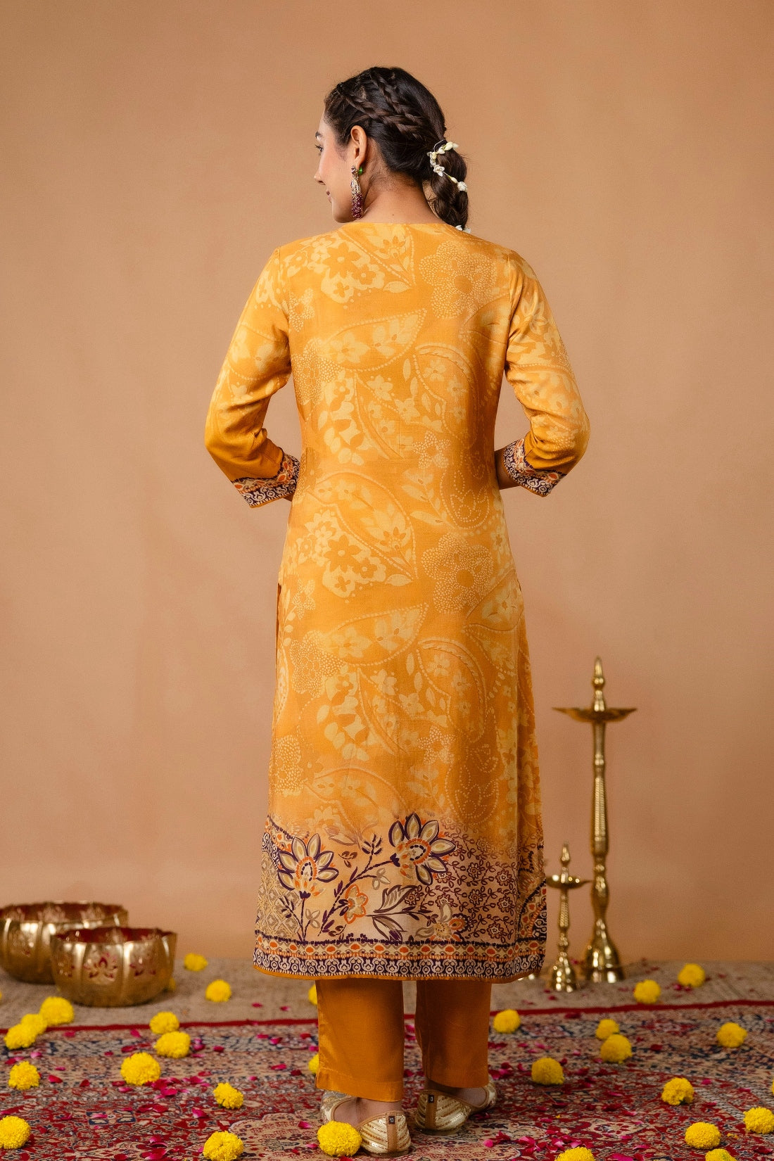 Mustard Festive Viscose Hand Embroidered Kurta Set with Trousers and Dupatta