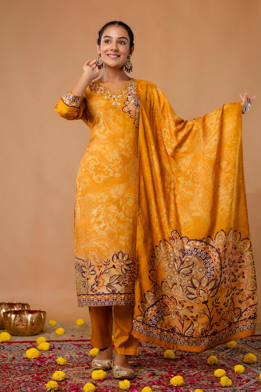 Mustard Festive Viscose Hand Embroidered Kurta Set with Trousers and Dupatta