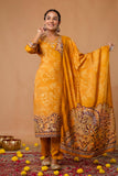 Mustard Festive Viscose Hand Embroidered Kurta Set with Trousers and Dupatta