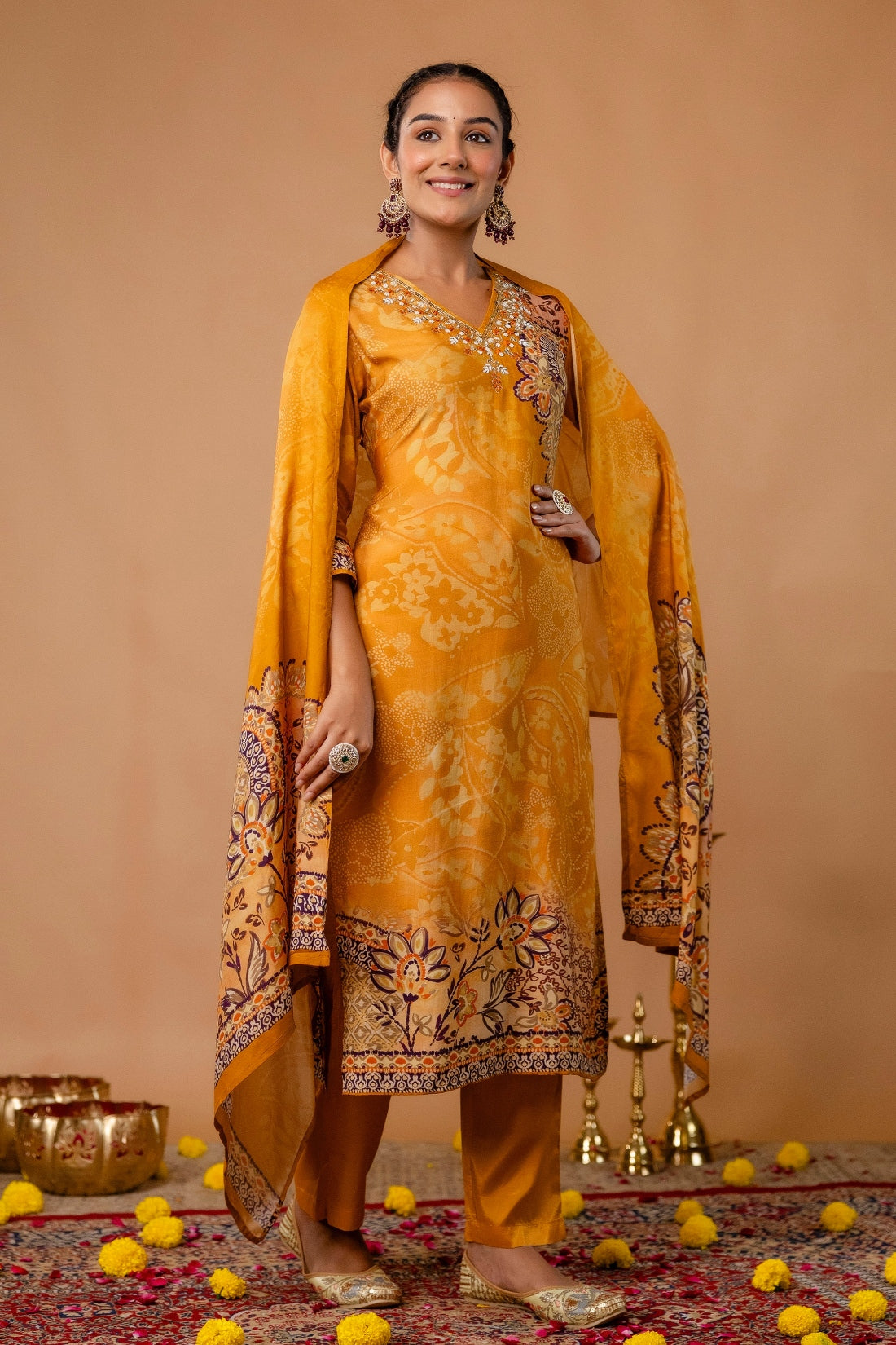Mustard Festive Viscose Hand Embroidered Kurta Set with Trousers and Dupatta