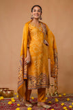 Mustard Festive Viscose Hand Embroidered Kurta Set with Trousers and Dupatta