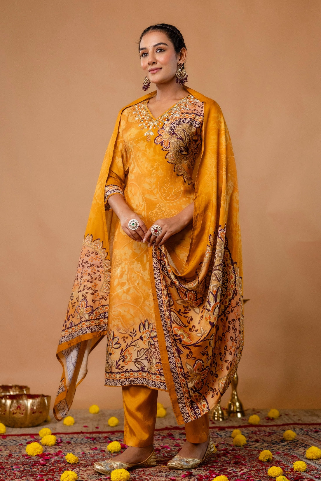 Mustard Festive Viscose Hand Embroidered Kurta Set with Trousers and Dupatta