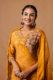 Mustard Festive Viscose Hand Embroidered Kurta Set with Trousers and Dupatta