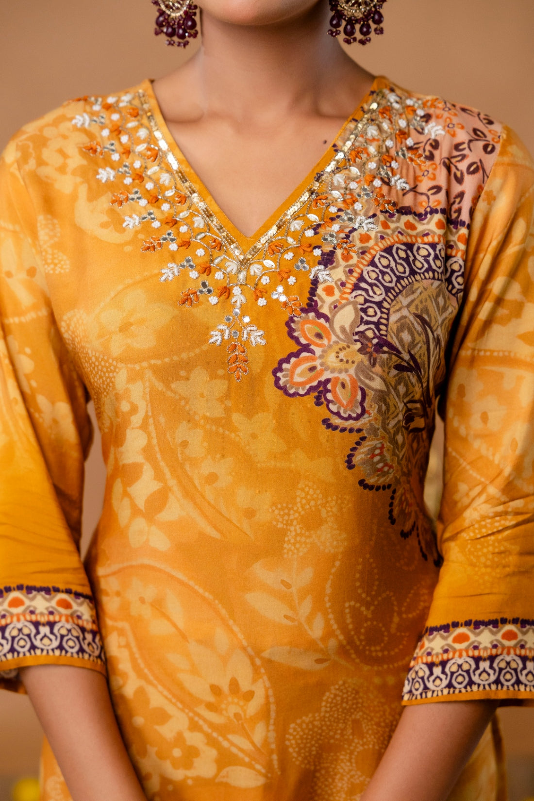 Mustard Festive Viscose Hand Embroidered Kurta Set with Trousers and Dupatta