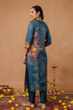 Teal Pearl and Sequin Work Viscose Festive Kurta Set with Trousers and Dupatta