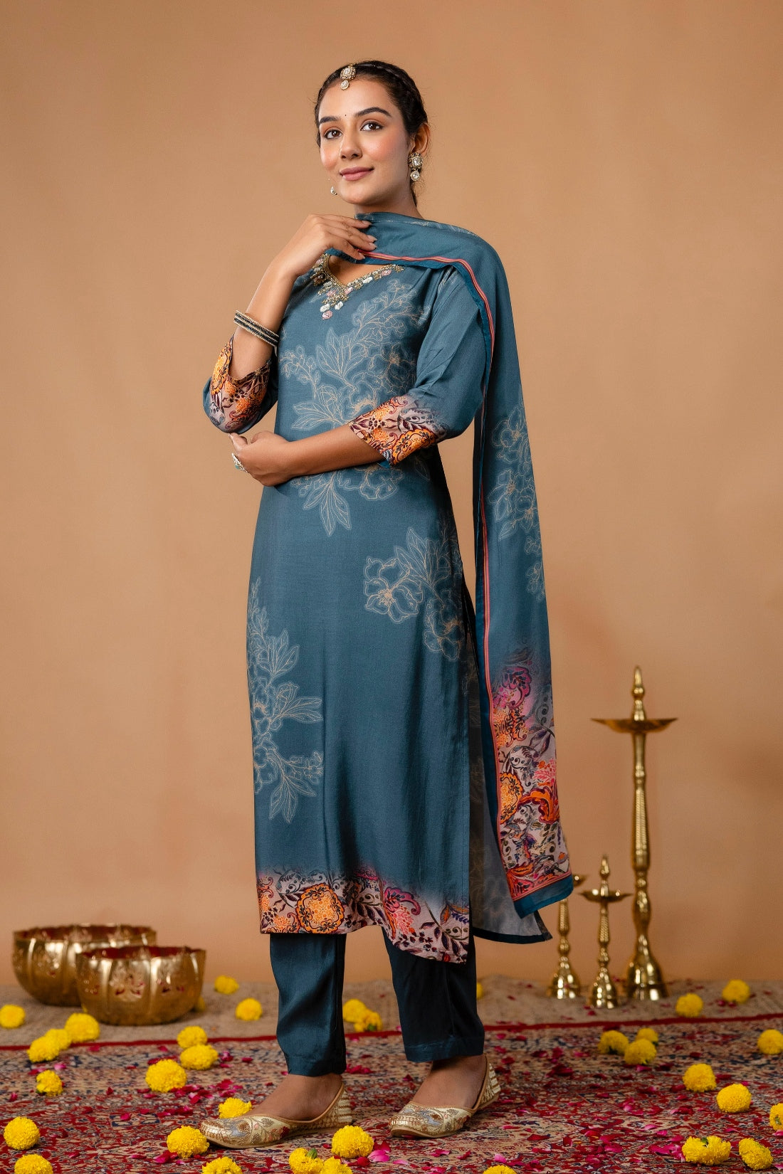 Teal Pearl and Sequin Work Viscose Festive Kurta Set with Trousers and Dupatta