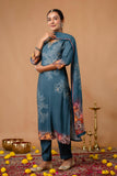 Teal Pearl and Sequin Work Viscose Festive Kurta Set with Trousers and Dupatta