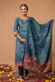 Teal Pearl and Sequin Work Viscose Festive Kurta Set with Trousers and Dupatta