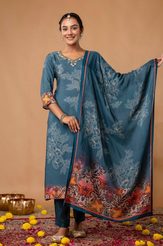 Teal Pearl and Sequin Work Viscose Festive Kurta Set with Trousers and Dupatta
